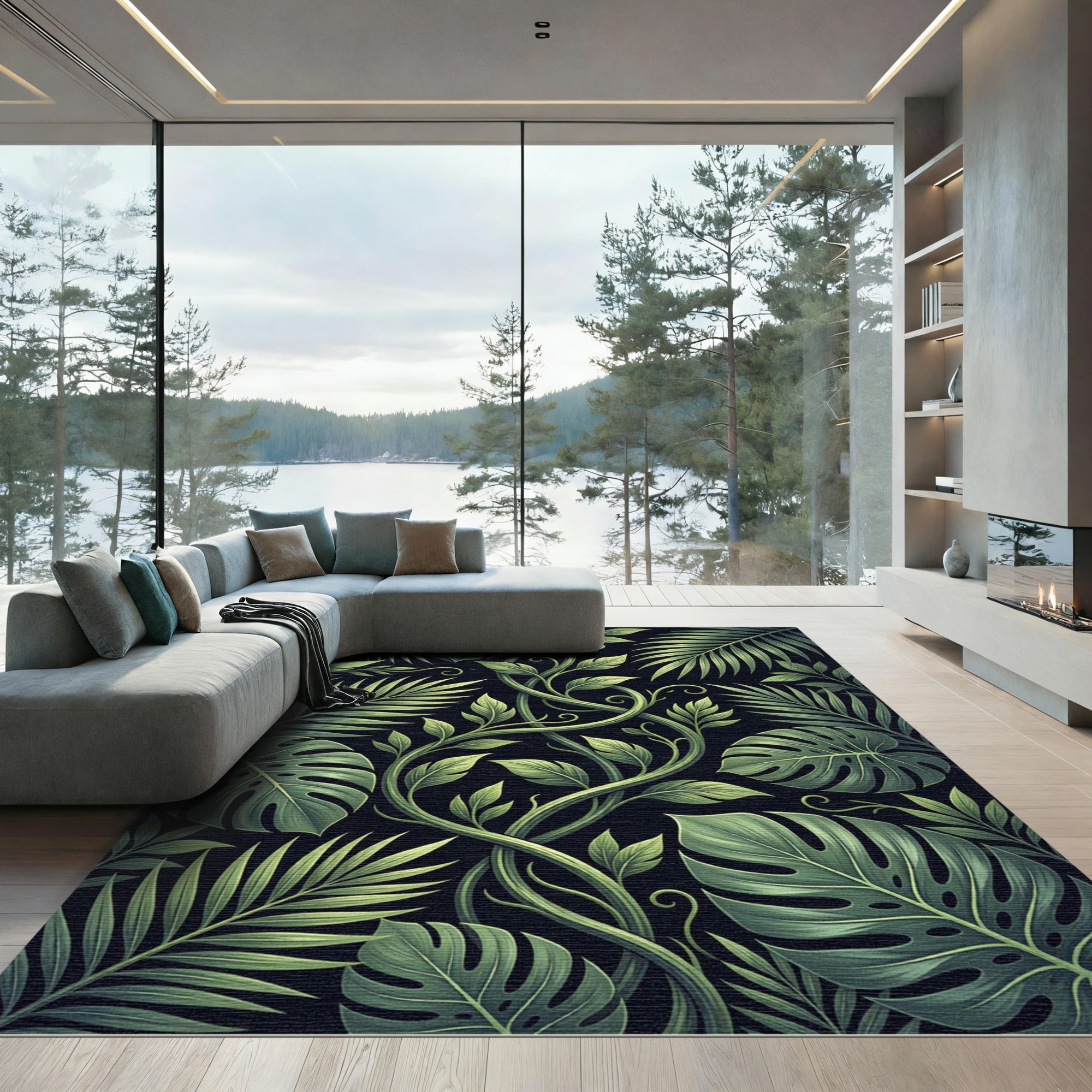 Emerald Green Tropical Leaf Arrangement Rug