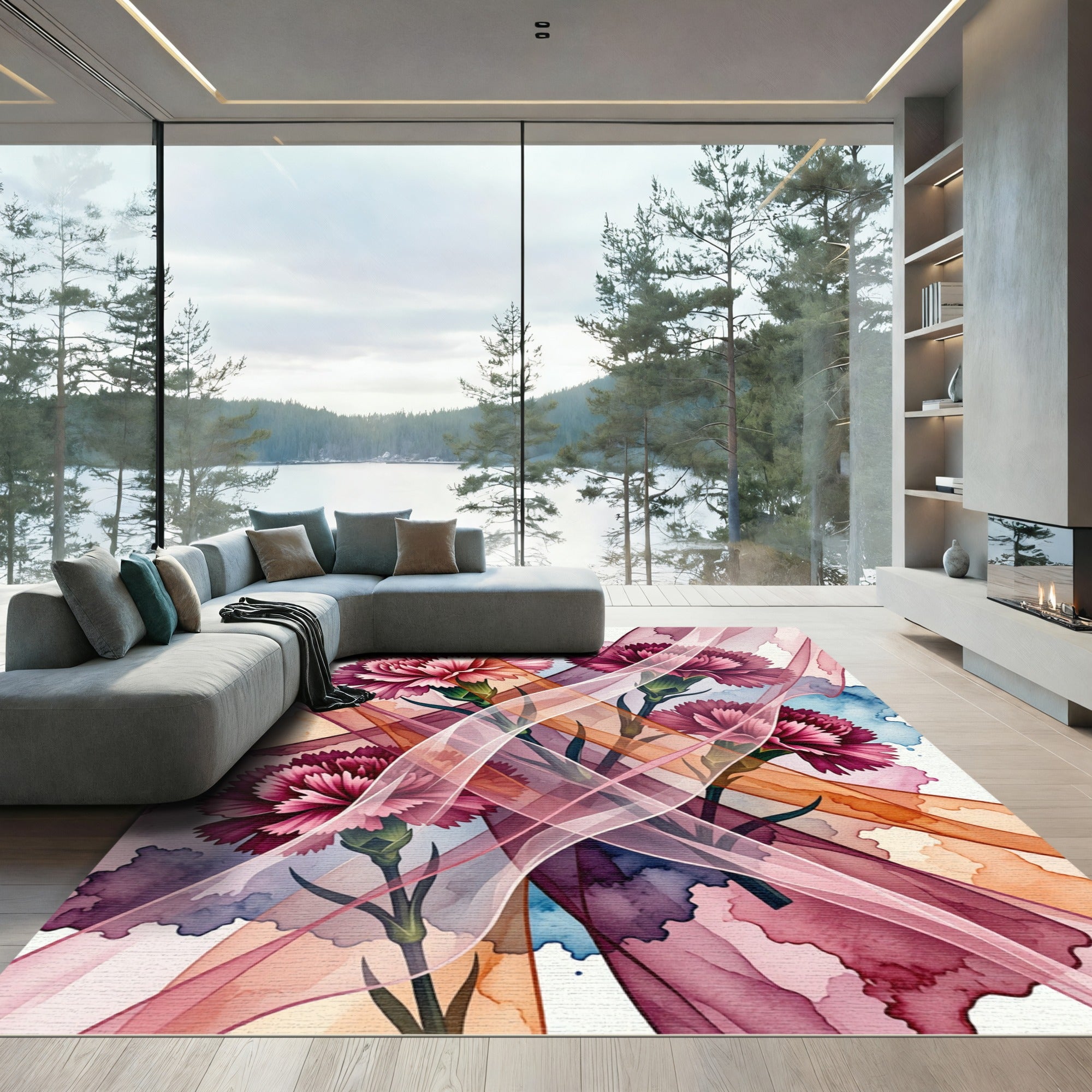 Crimson Carnations Watercolor Swirl Rug