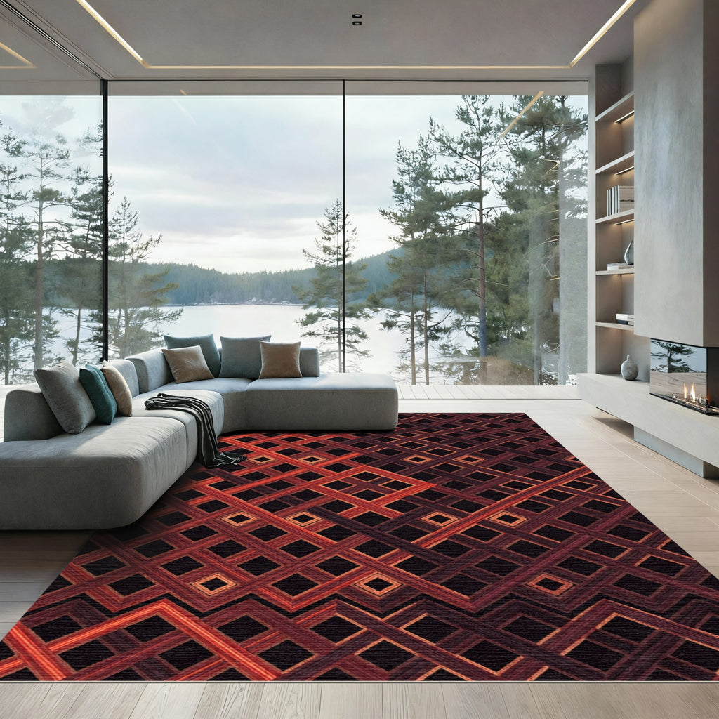 Crimson Interlocking Diamond Lattice Rug