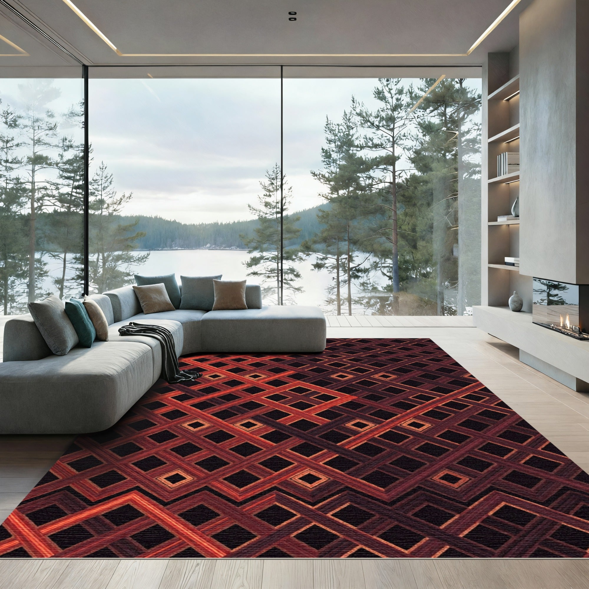 Crimson Interlocking Diamond Lattice Rug