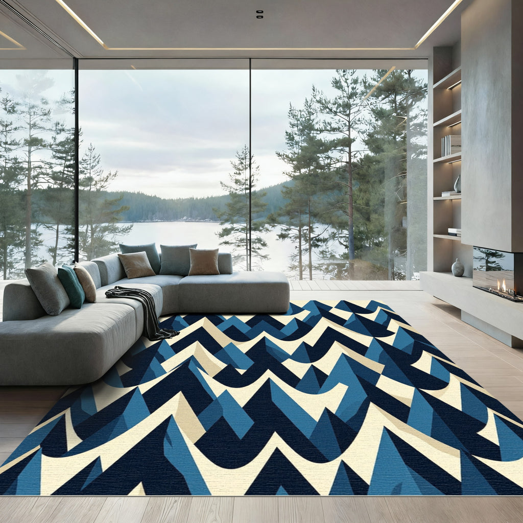 Modern Blue Geometric Mountain Peak Rug