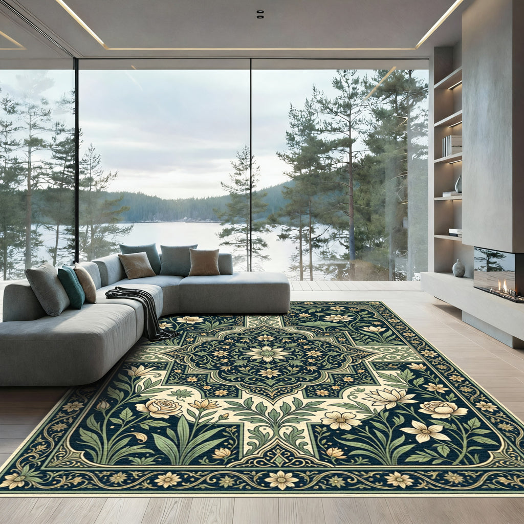 Elegant Deep Green Floral Medallion Rug