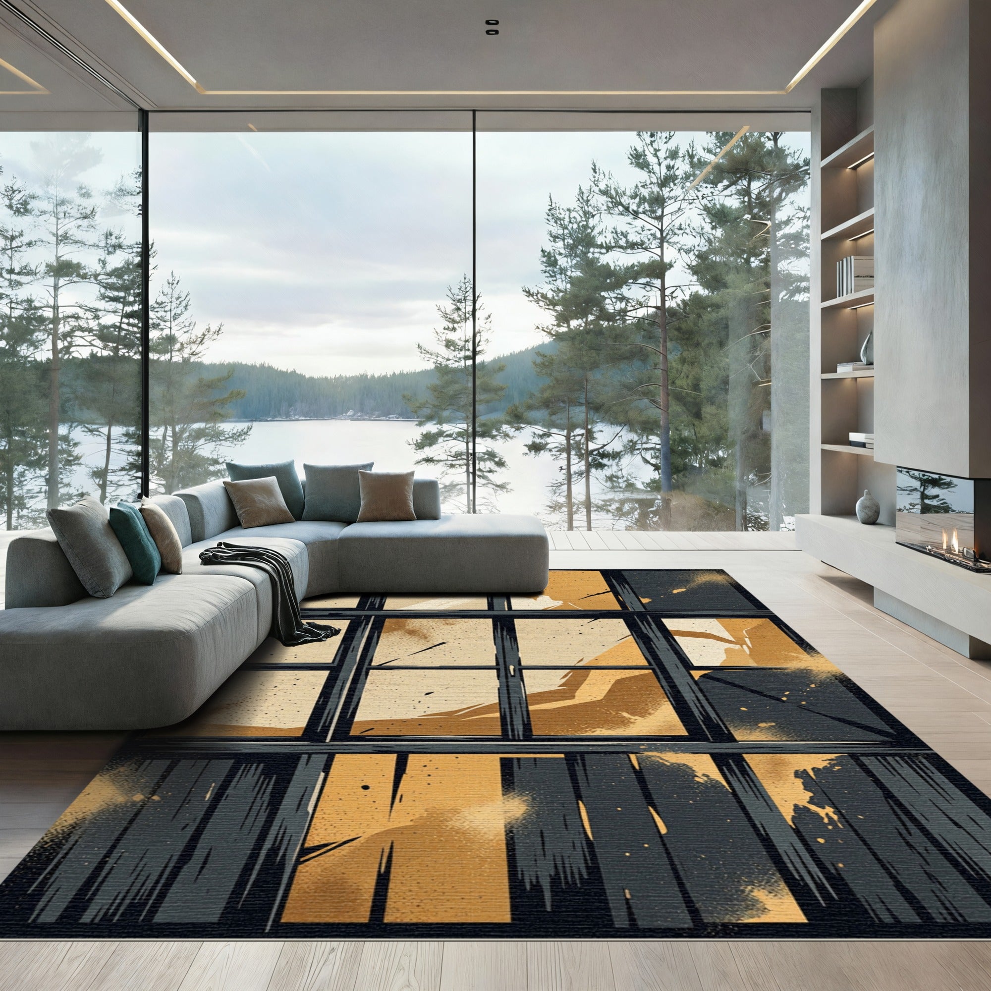 Cracked Ochre Abstract Window Pane Rug
