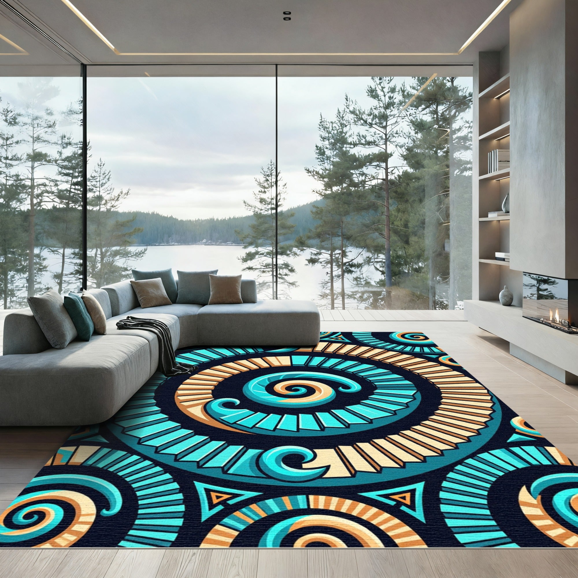 Cyan and Golden Swirling Geometric Spiral Rug