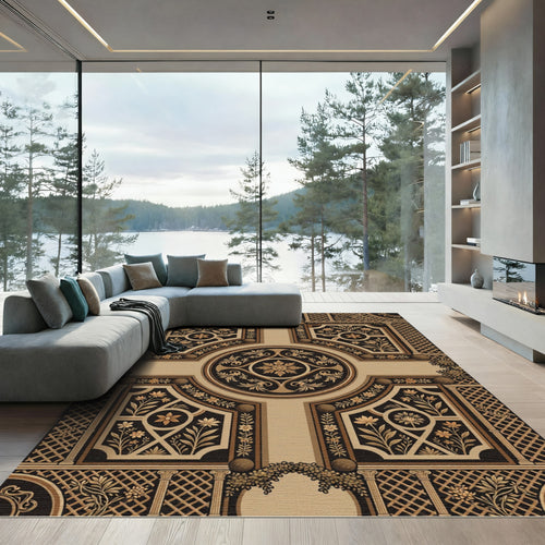 Black and Gold Damask Ornate Medallion Rug