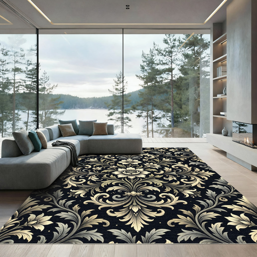 Elegant Cream Floral Damask Black Backdrop Rug