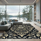 Elegant Cream Floral Damask Black Backdrop Rug