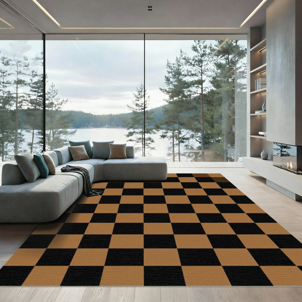 Brown and Black Checkered Grid Rug