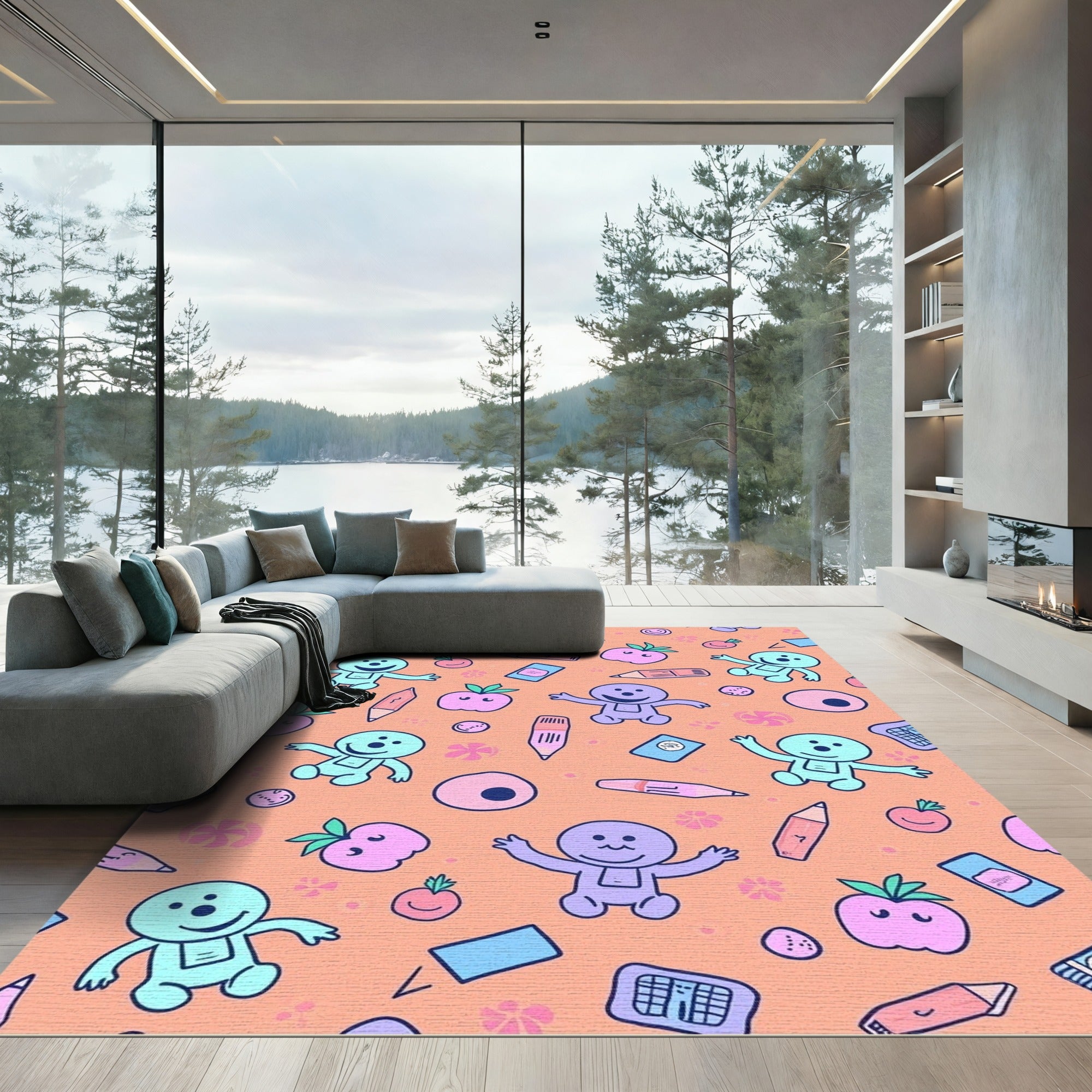 Playful Figures Apples Pencils Composition Rug