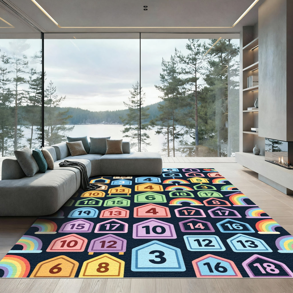 Whimsical Rainbow House and Strawberry Grid Rug