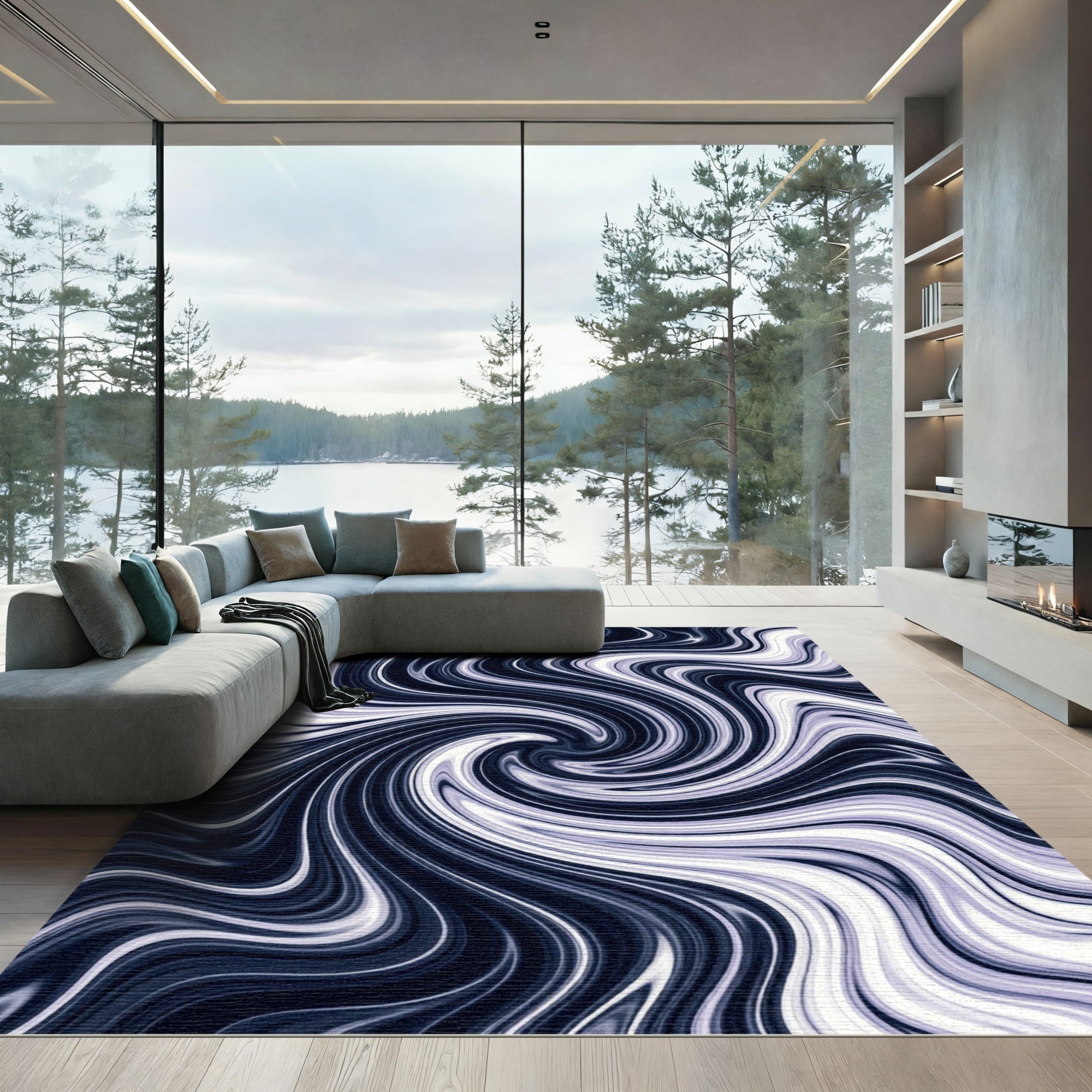 Minimalist Monochrome Swirl Abstract Wave Rug