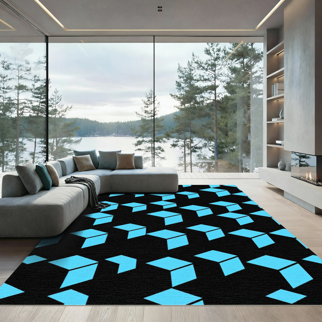 Cyan Geometric Isometric Cube Grid Rug