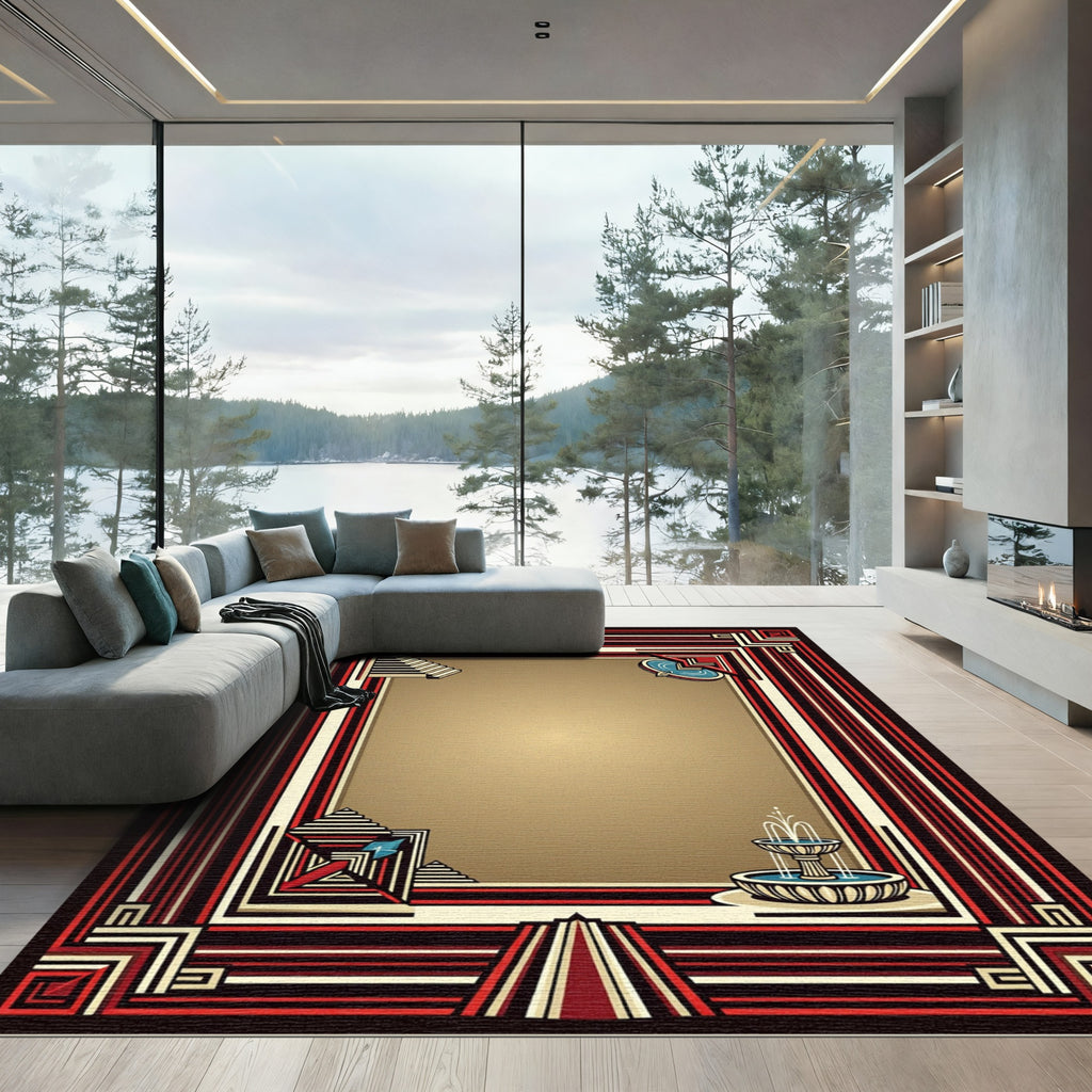 Art Deco Crimson Fountain Linear Border Rug