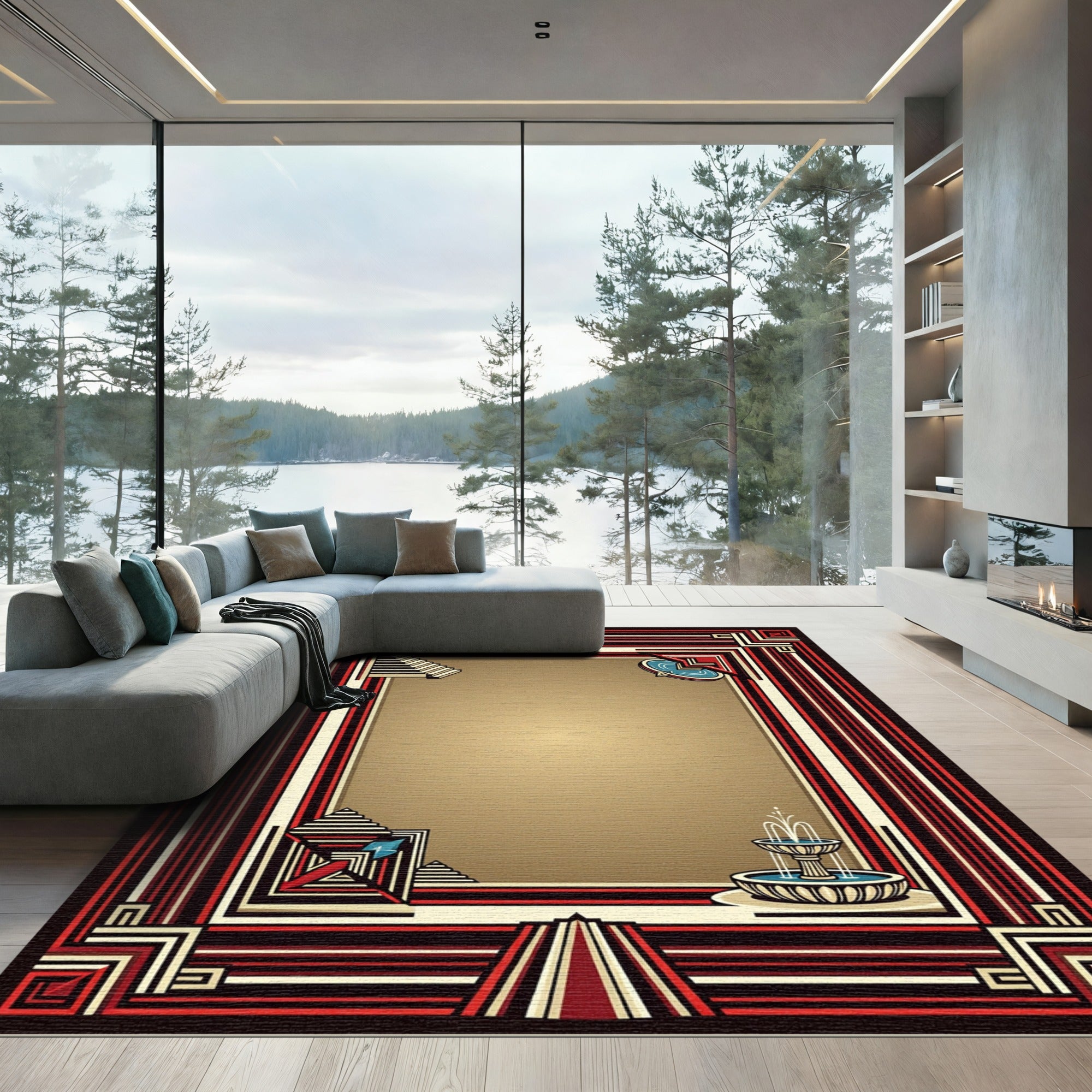 Art Deco Crimson Fountain Linear Border Rug