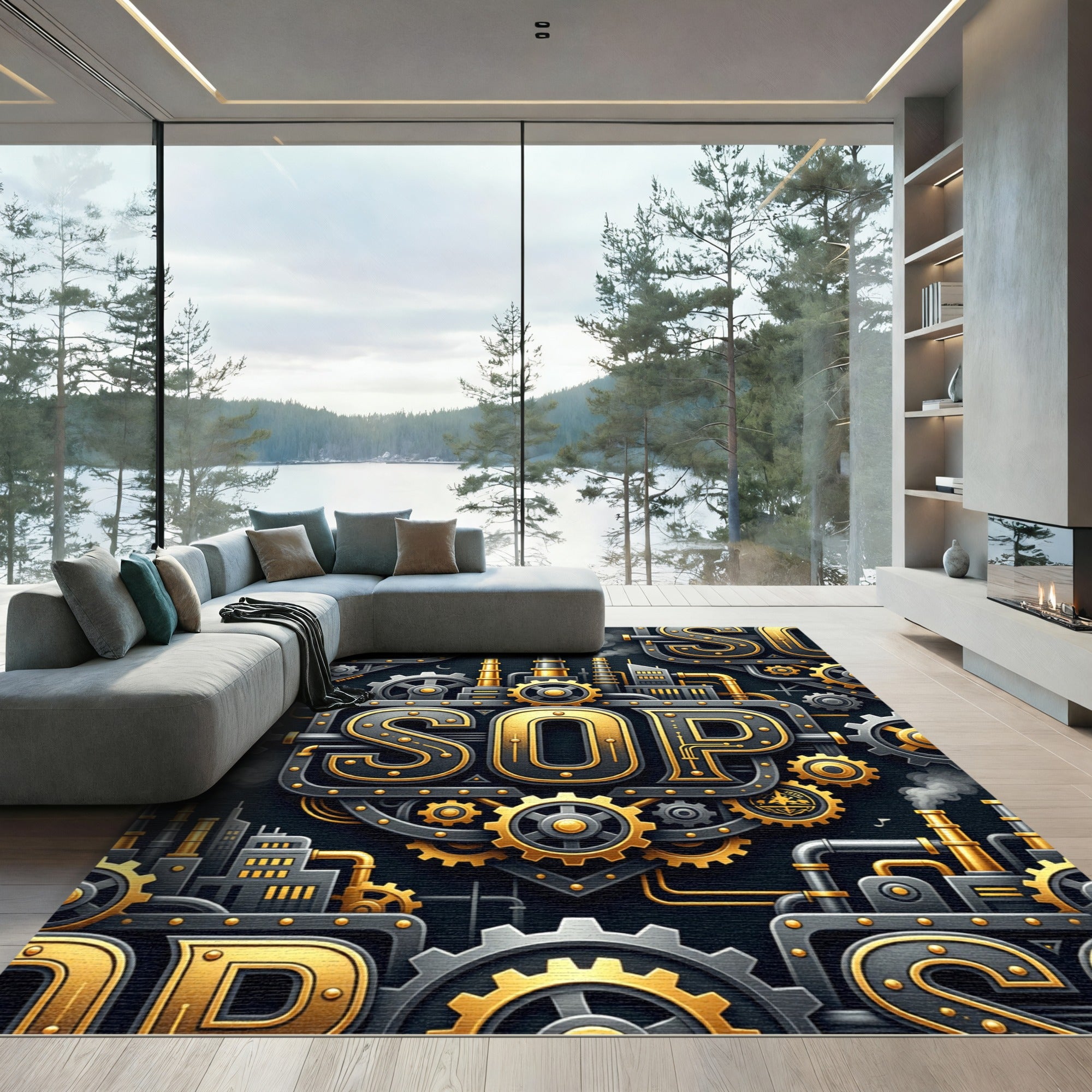 Industrial Gold Steampunk Gear Sop Text Rug