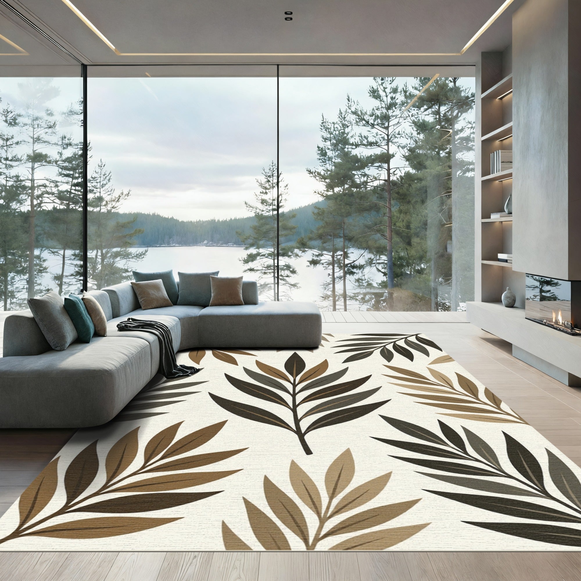 Earthy Brown Tropical Leaf Botanical Rug