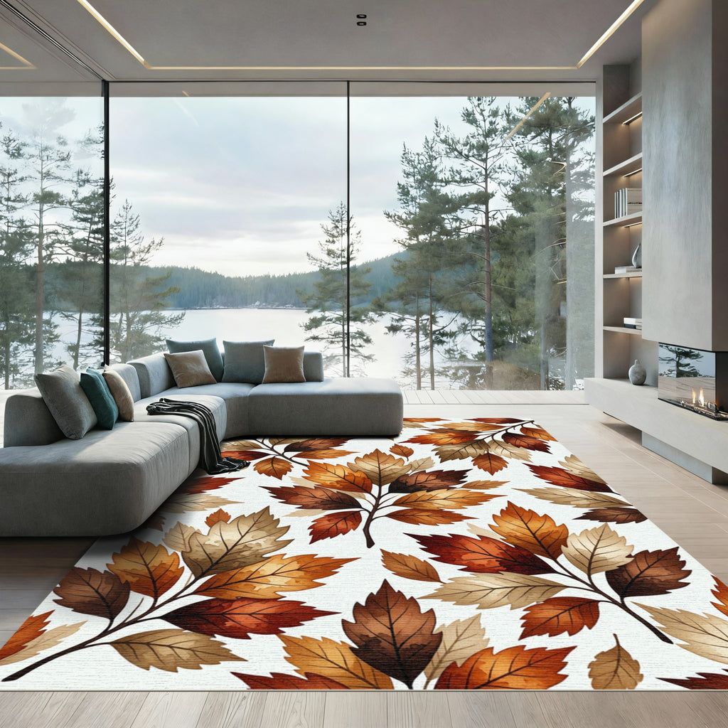 Earthy Autumn Foliage Watercolor Leaves Rug