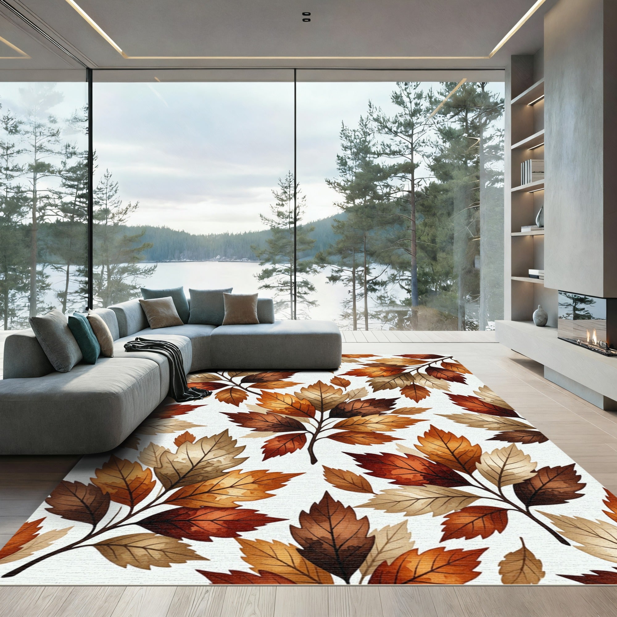 Earthy Autumn Foliage Watercolor Leaves Rug
