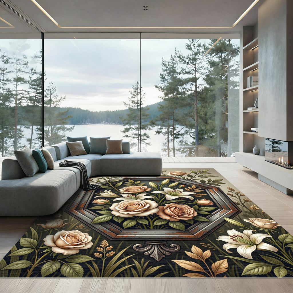 Vintage Floral Hexagon Rose Lily Frame Rug