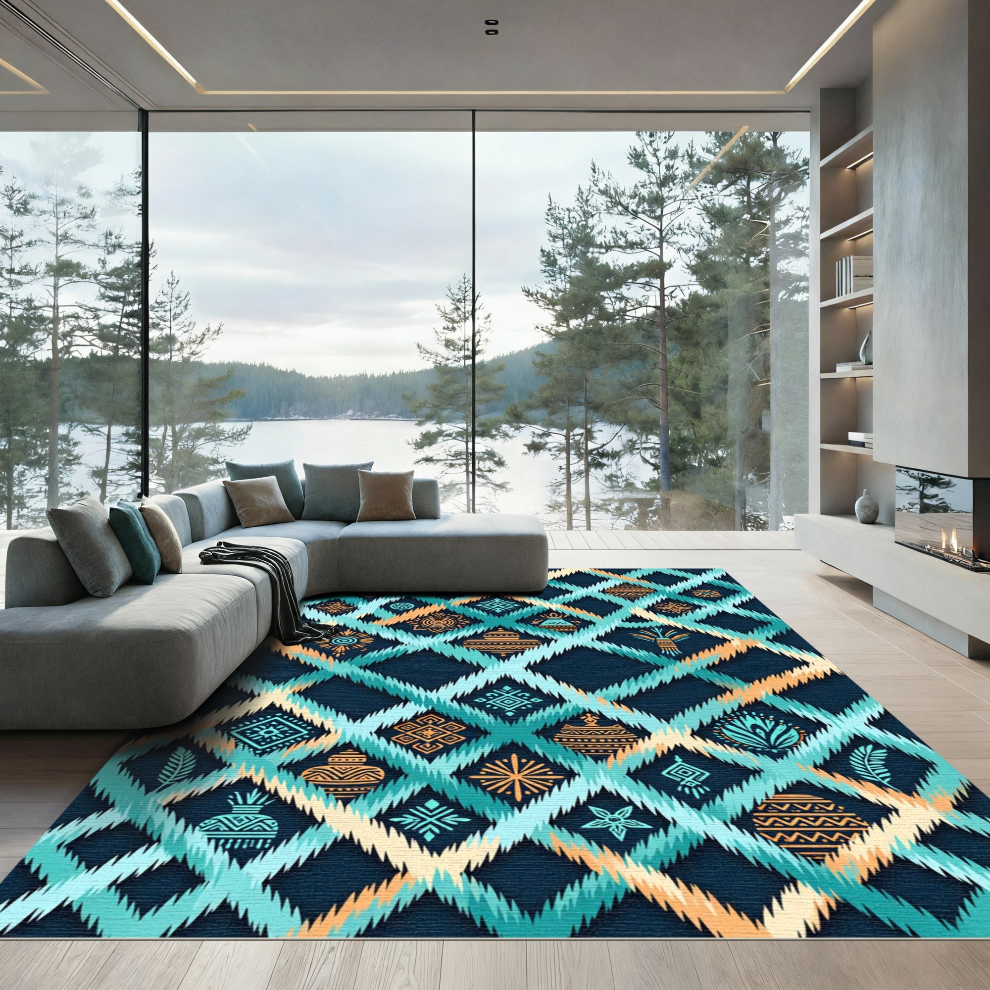 Teal and Gold Ikat Tribal Diamond Rug