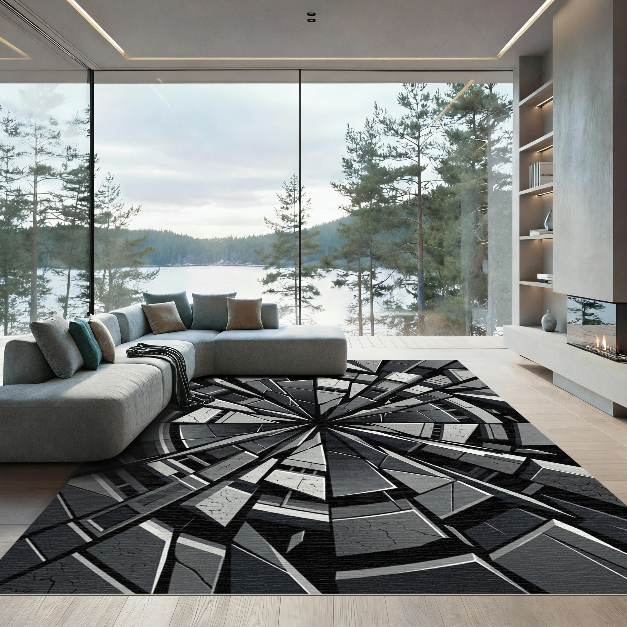 Monochromatic Geometric Smashed Glass Abstract Rug