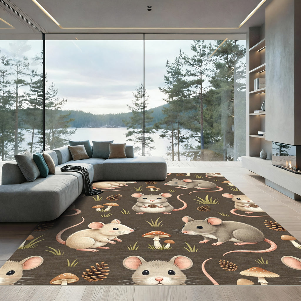 Whimsical Woodland Mouse with Pinecone Illustration Rug