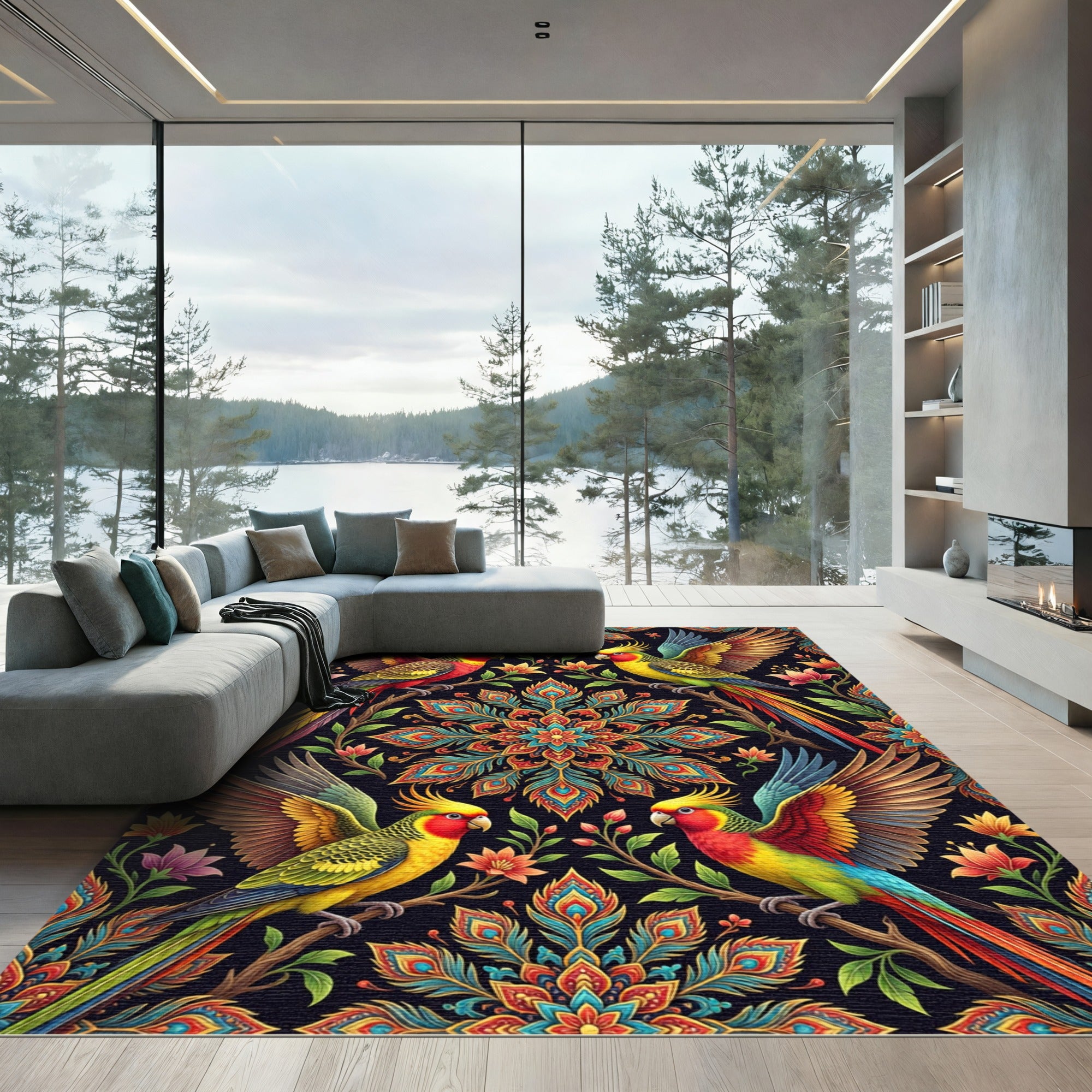 Vibrant Exotic Parrot Mandala Garden Rug
