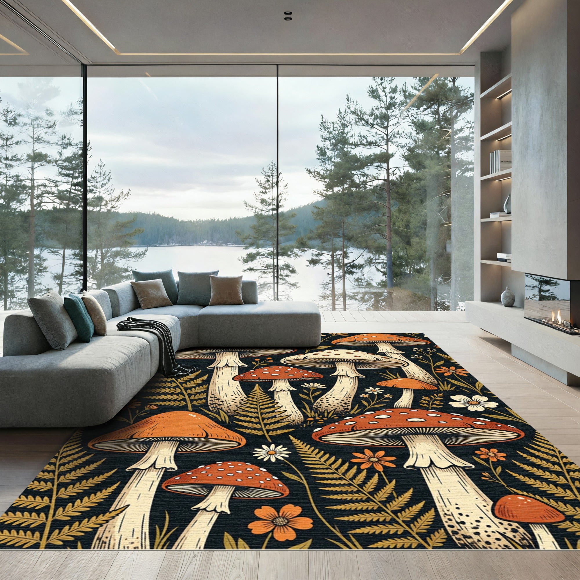 Retro Orange Mushroom Forest Foliage Rug