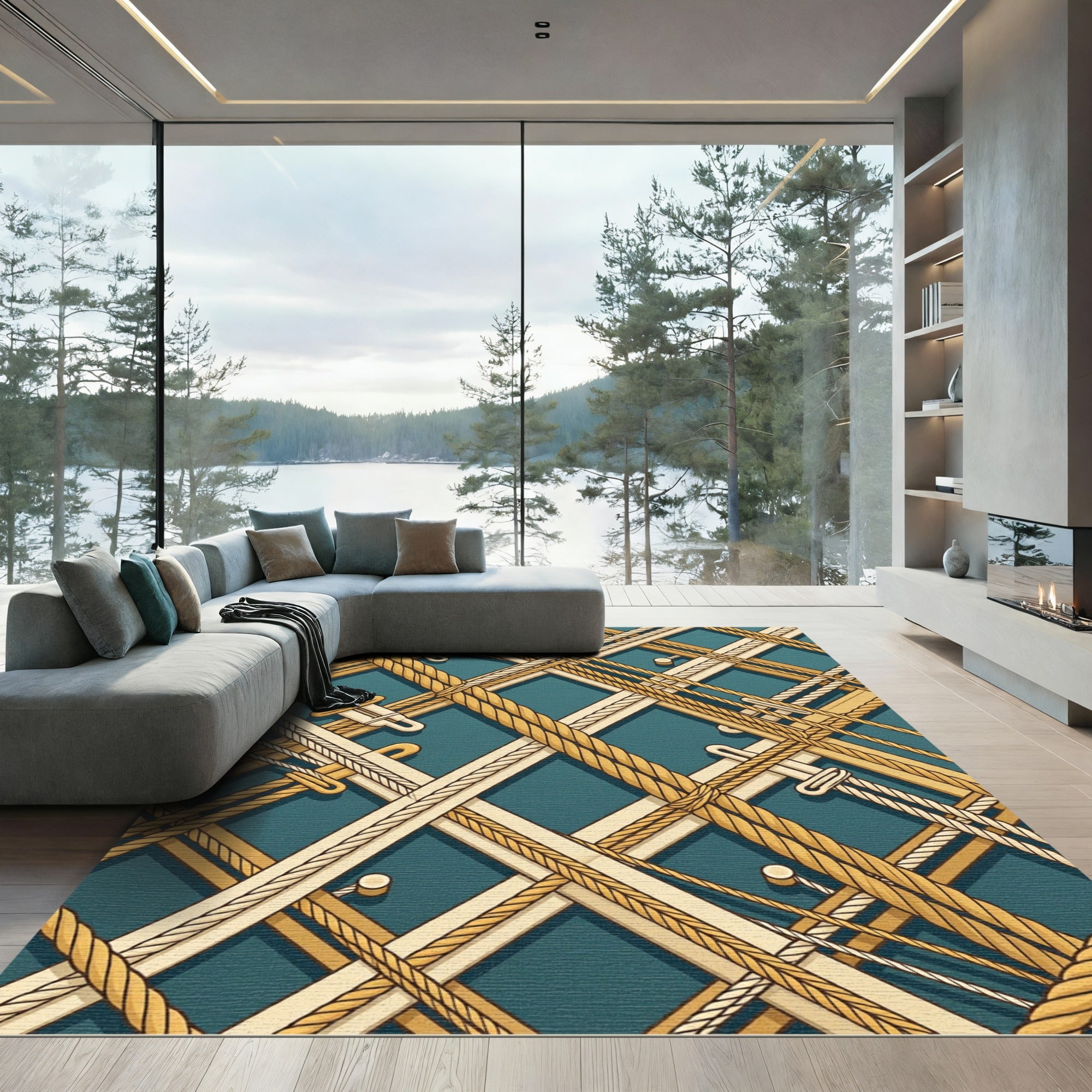 Golden Nautical Rope Geometric Rug