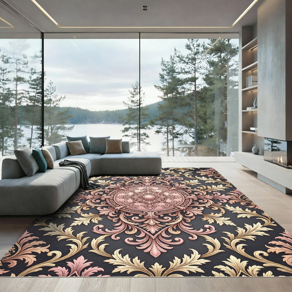 Ornate Rose Gold Scrollwork Damask Rug