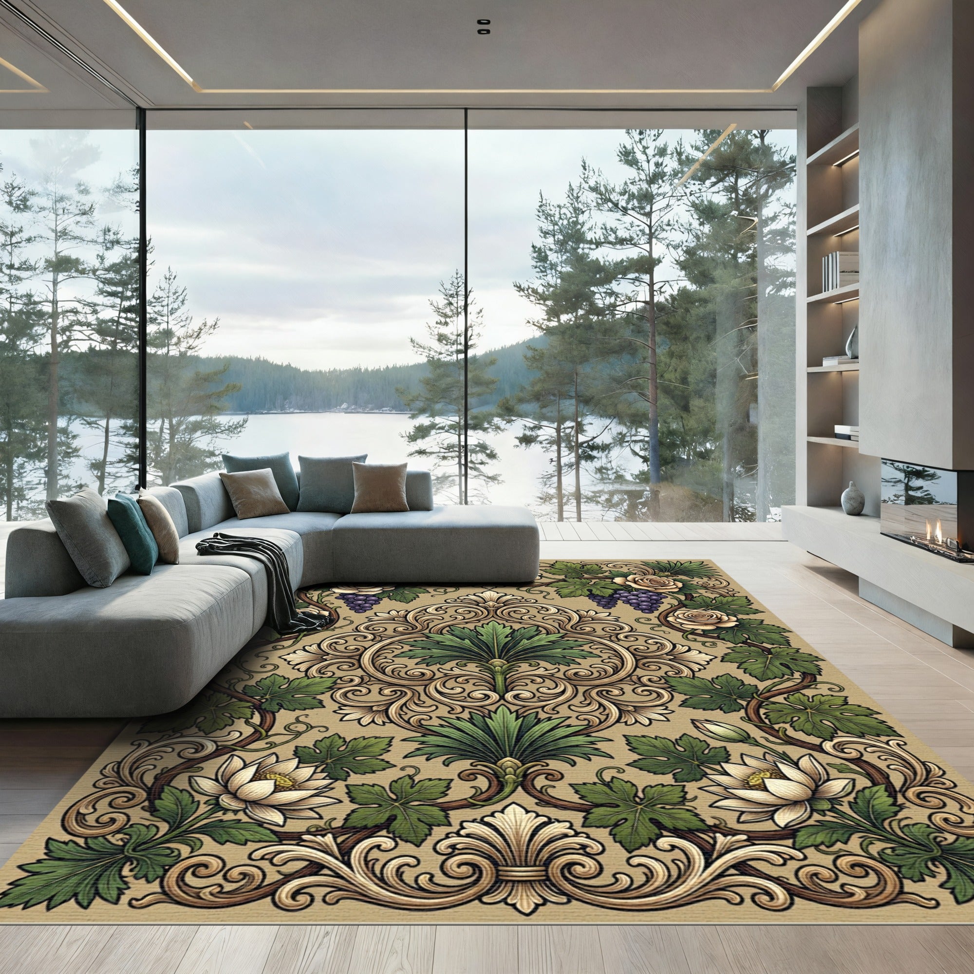 Elegant Beige Grape Vine Damask Rug