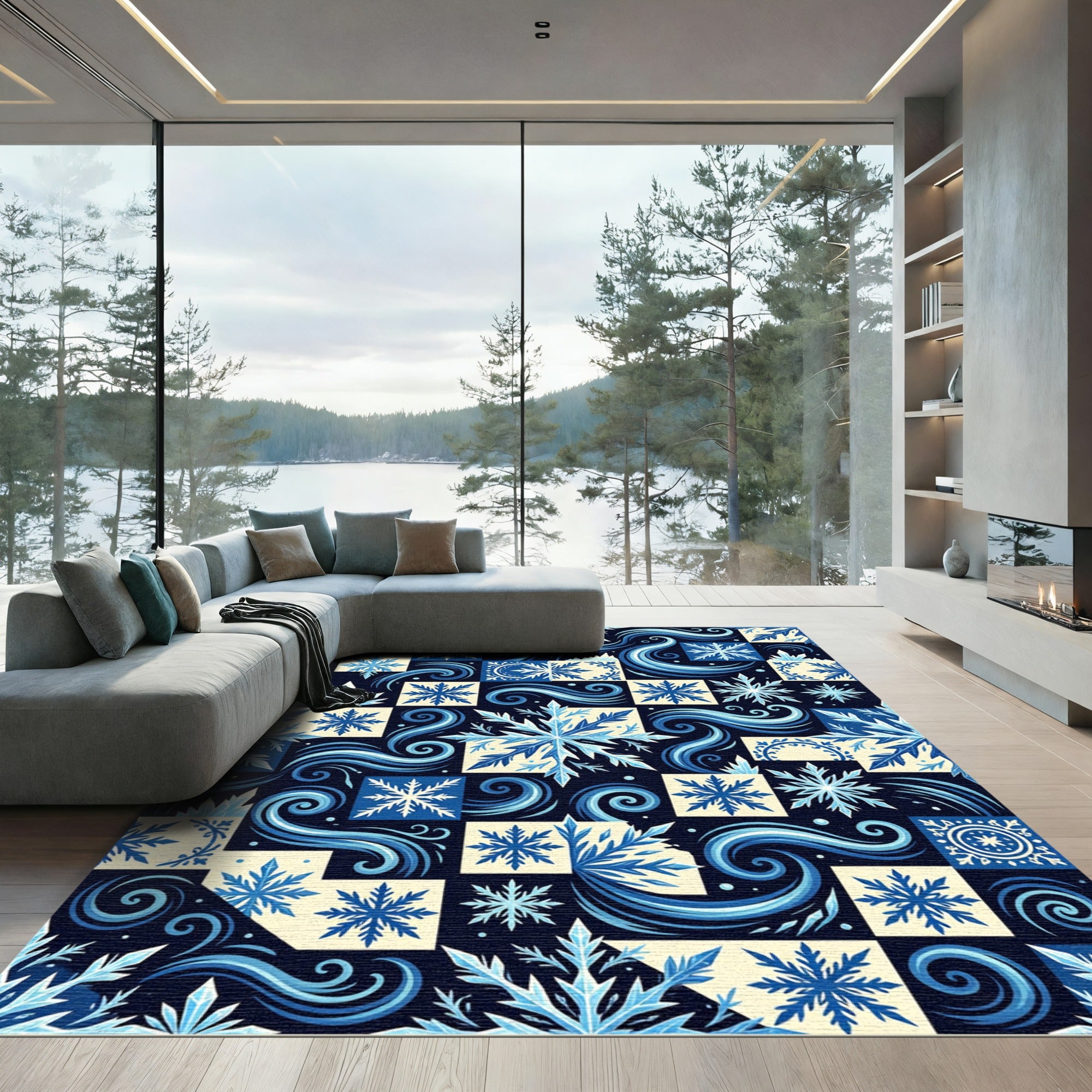 Winter Blue Snowflake Swirl Art Rug