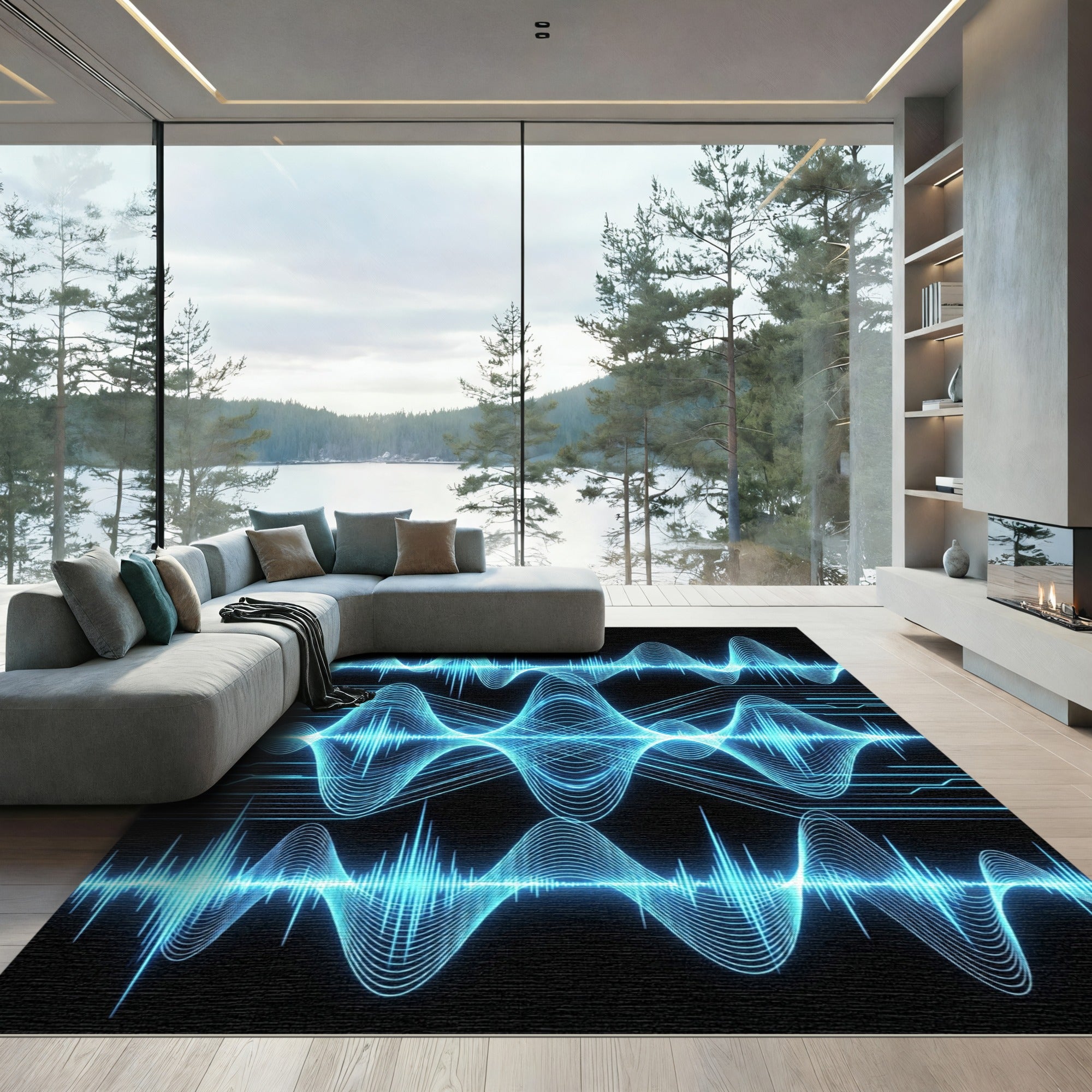 Electric Blue Neon Sound Wave Abstract Rug