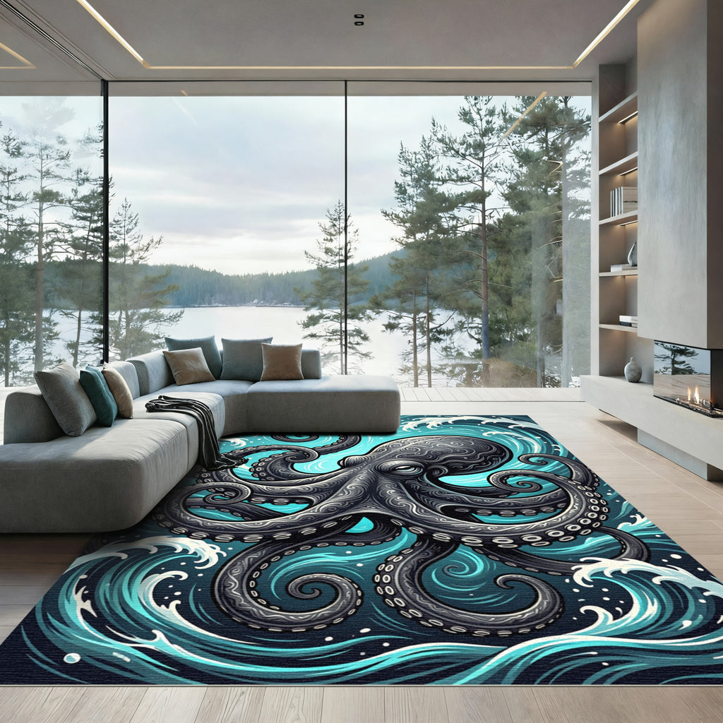 Intricate Black Octopus Swirling Ocean Rug