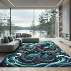 Intricate Black Octopus Swirling Ocean Rug
