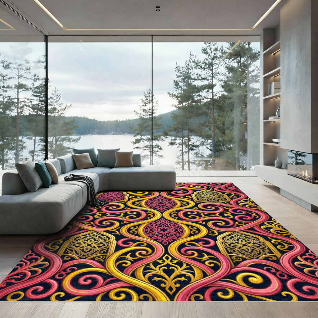 Ornate Pink and Gold Swirl Scroll Rug