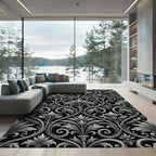 Monochromatic Charcoal Baroque Foliage Scroll Rug