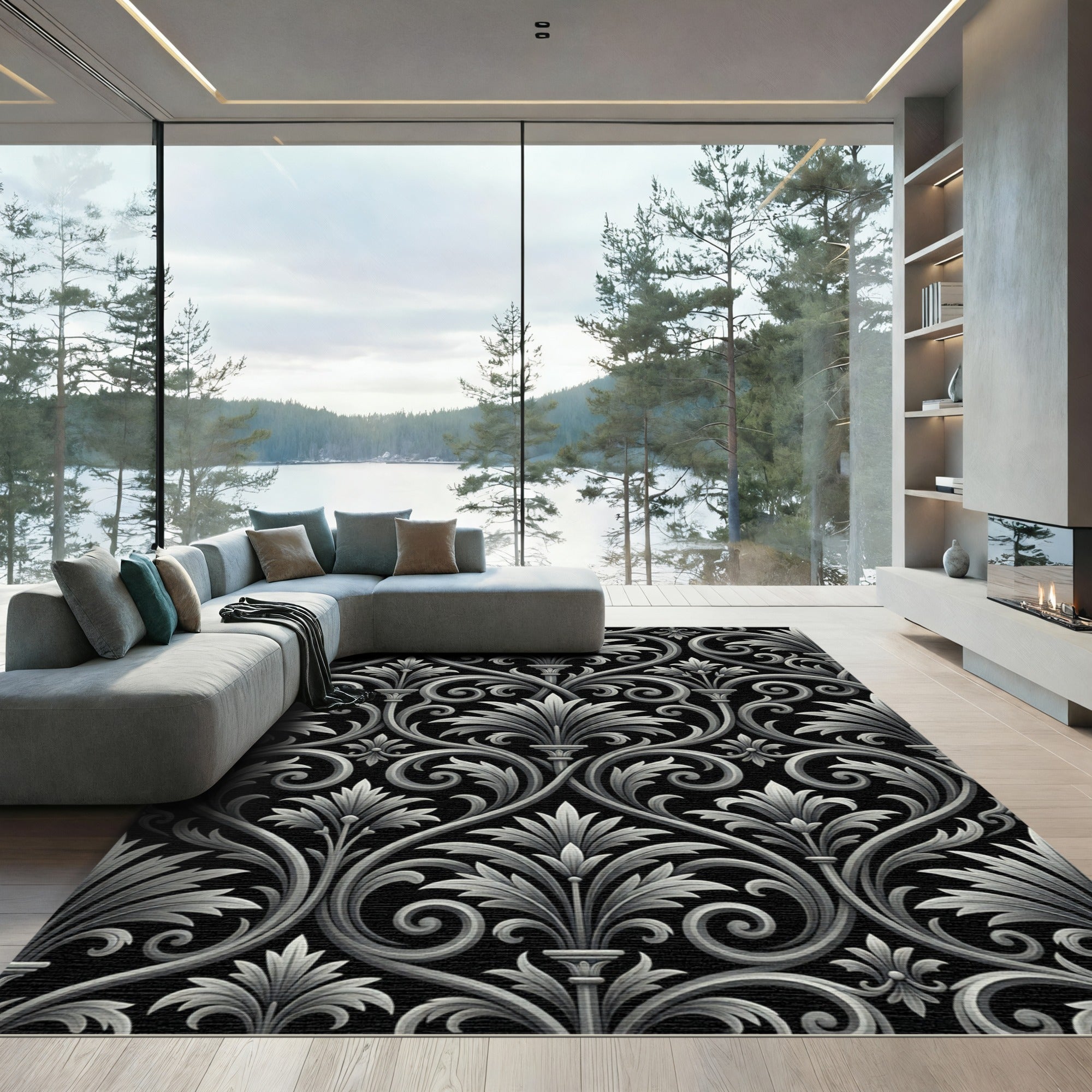 Monochromatic Charcoal Baroque Foliage Scroll Rug