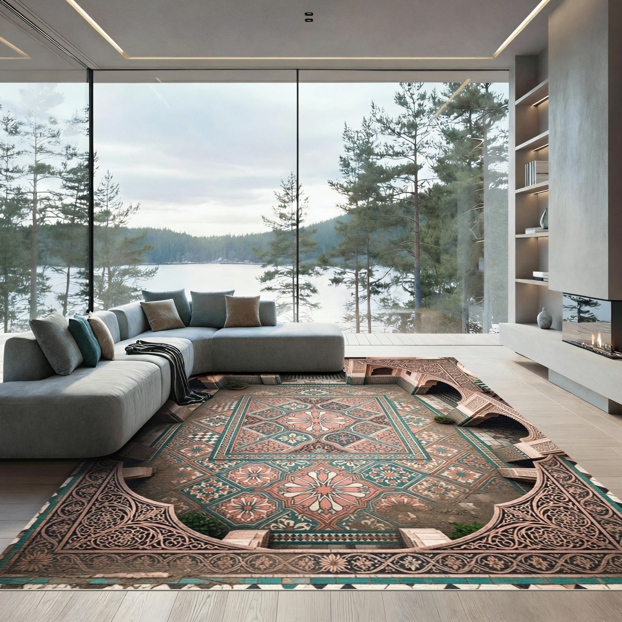 Intricate Pink Teal Geometric Floral Medina Rug