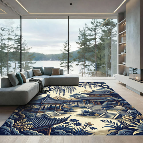 Azure Willow Pagoda Garden Scene Rug