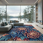 Vibrant Blue and Coral Chrysanthemum Garden Rug