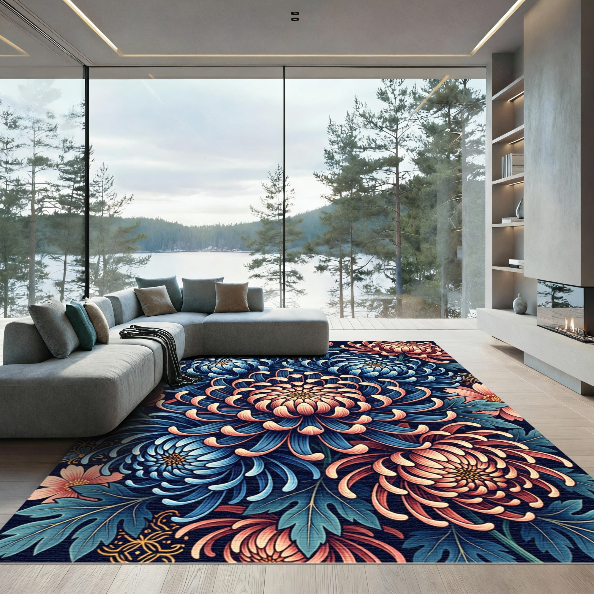 Vibrant Blue and Coral Chrysanthemum Garden Rug