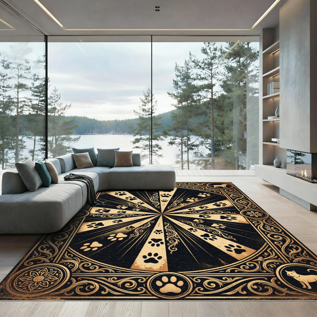 Ornate Black and Gold Paw Radiance Rug