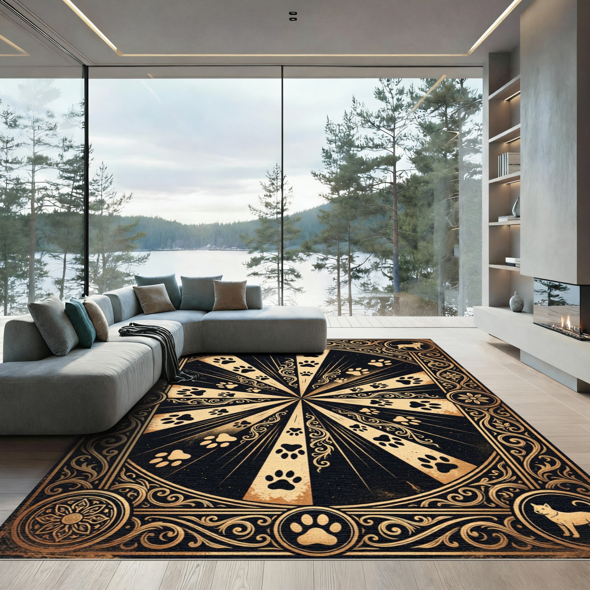 Ornate Black and Gold Paw Radiance Rug
