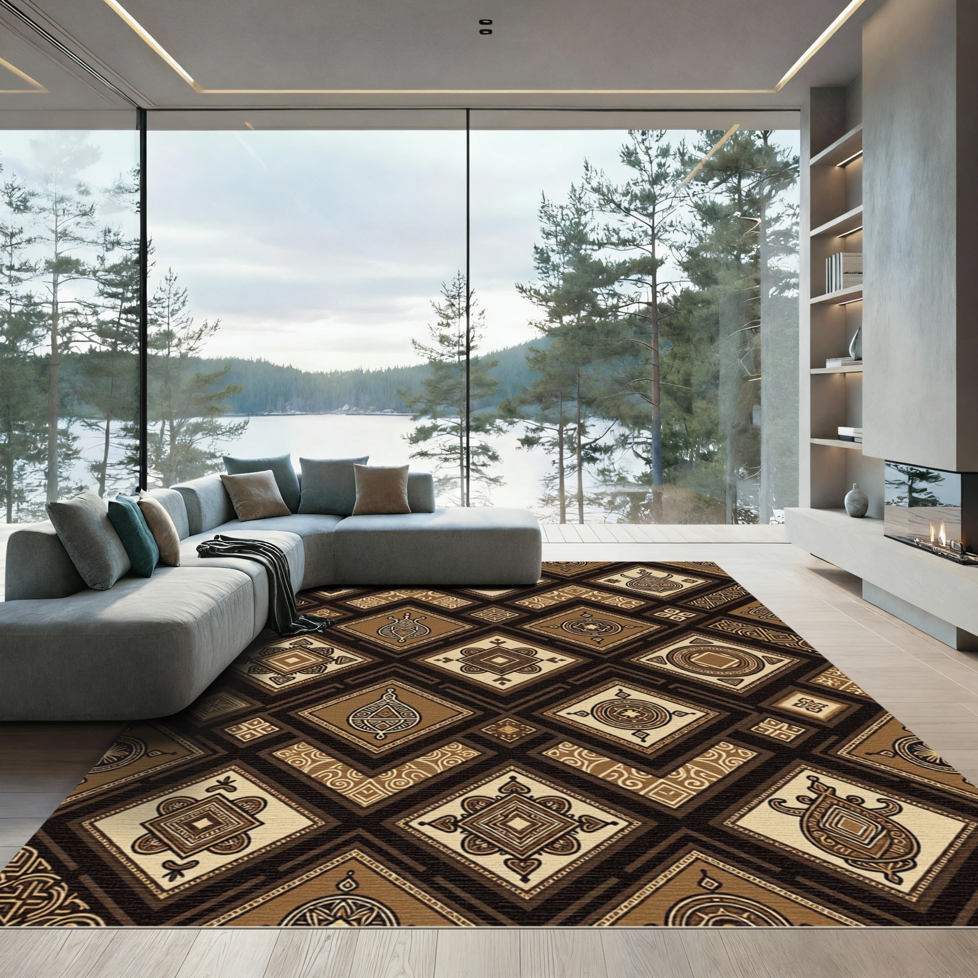 Earthy Brown Geometric Diamond Tile Rug