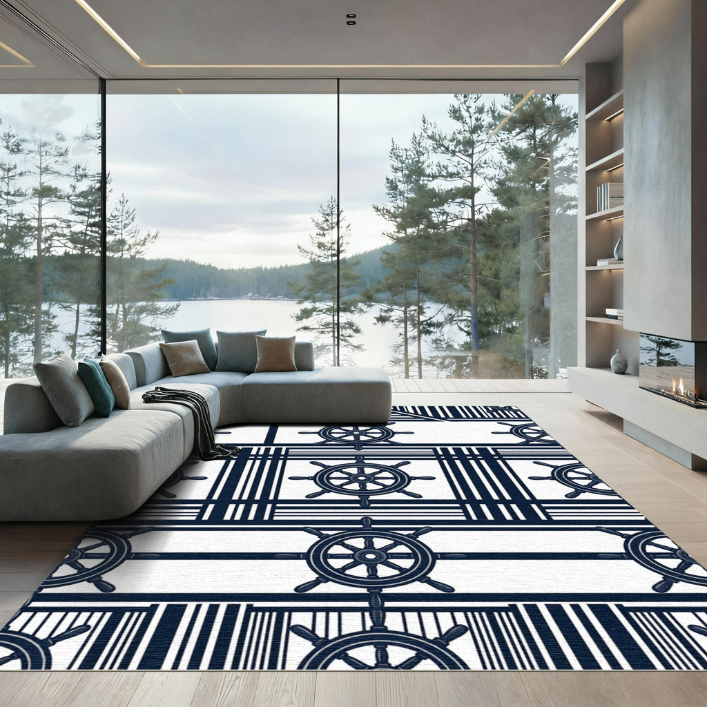 Navy Nautical Ship Wheel Striped Art Rug