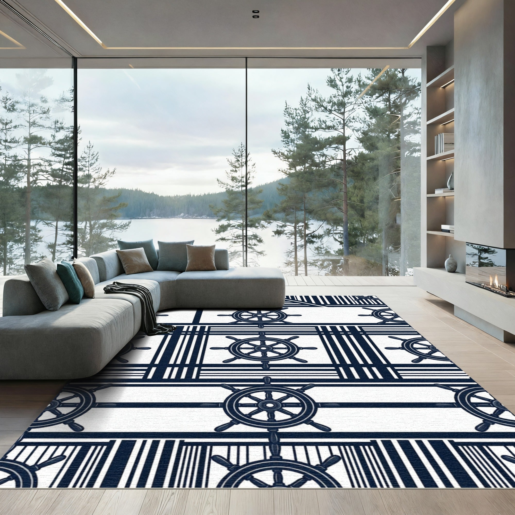 Navy Nautical Ship Wheel Striped Art Rug