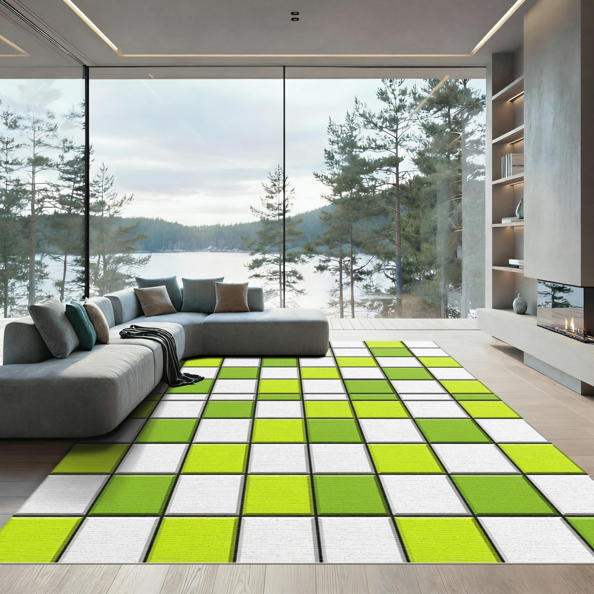 Modern Geometric Lime Green Grid Rug