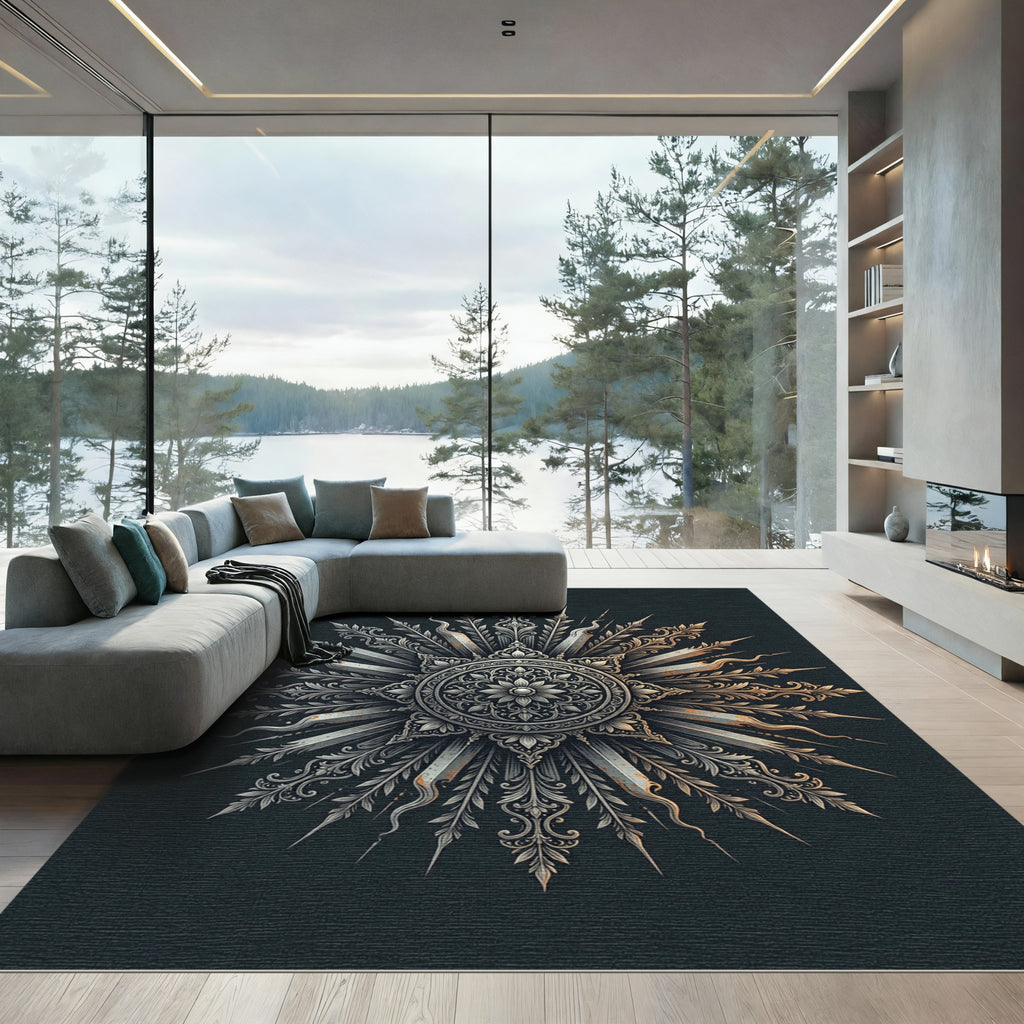 Ornate Silver Metallic Sunburst Medallion Rug