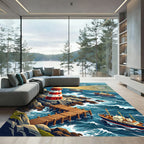 Maritime Lighthouse Coastal Navy Landscape Rug